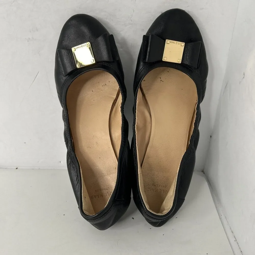 Cole Haan Tali Black Leather Ballet Ballerina Flat Shoes Bow Slip-on Comfort - 7
